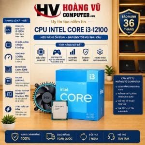 CPU Intel Core i3-12100 Gen 12 Alder Lake, 4 nhân 8 luồng, 3.3GHz, Turbo 4.3GHz, cache 12MB, LGA1700, Intel UHD 730. Phù hợp PC văn phòng, học tập và gaming phổ thông.