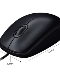 Chuột Logitech B100 Black 910-006605 kết nối USB có dây, cảm biến quang khoảng 1000 DPI, 3 nút, thiết kế dùng được cả hai tay. Phù hợp văn phòng, học tập, PC và laptop.