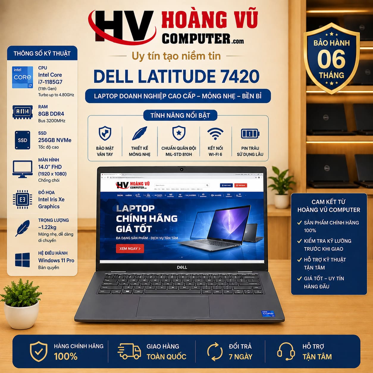 Dell Latitude 7420 Core i7-1185G7 Gen 11, RAM 8GB, SSD 256GB, màn hình 14 inch FHD, Intel Iris Xe. Laptop doanh nghiệp cao cấp phù hợp văn phòng, kế toán, học tập và lập trình.