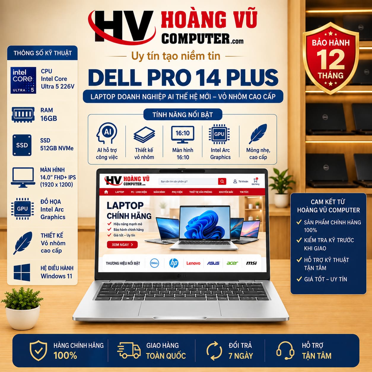 Dell Pro 14 Plus Core Ultra 5 226V RAM 16GB SSD 512GB Màn 14 Inch FHD+ IPS Vỏ Nhôm