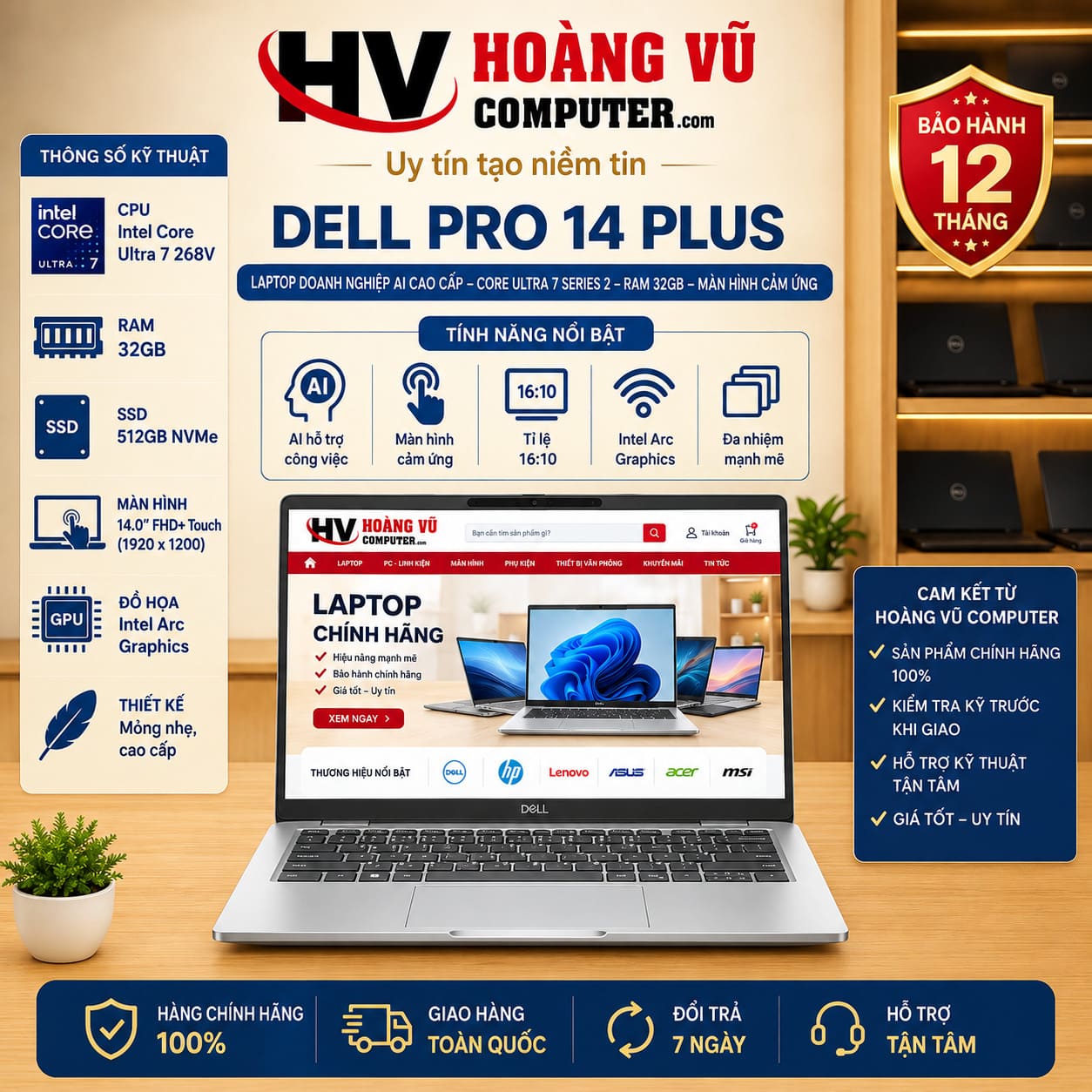 Dell Pro 14 Plus Core Ultra 7 268V, RAM 32GB LPDDR5x, SSD 512GB, Intel Arc 140V, NPU AI 48 TOPS, màn hình 14 inch FHD+ Touch 1920x1200 100% sRGB. Laptop doanh nghiệp AI cao cấp.