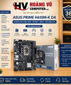 Mainboard ASUS PRIME H610M-K D4 chính hãng, chipset Intel H610, socket LGA1700, RAM DDR4, hỗ trợ SSD M.2, LAN Gigabit. Phù hợp lắp PC văn phòng, học tập, bán hàng và gaming phổ thông.