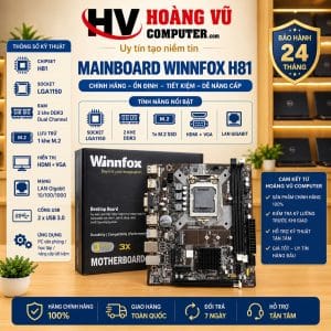 Mainboard Winnfox H81 chính hãng, socket LGA1150, 2 khe RAM DDR3 hỗ trợ tối đa 16GB, PCIe x16, USB 3.0, phù hợp CPU Intel Gen 4, PC văn phòng và sửa chữa. Bảo hành 24 tháng.