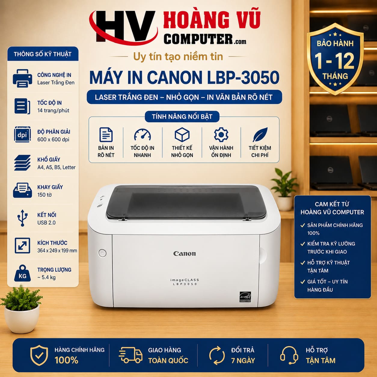 Máy in Canon LBP-3050 Laser trắng đen nhỏ gọn, phù hợp in Word, Excel, PDF, hợp đồng, biểu mẫu và tài liệu A4 cho văn phòng, kế toán, cửa hàng, gia đình và học tập.