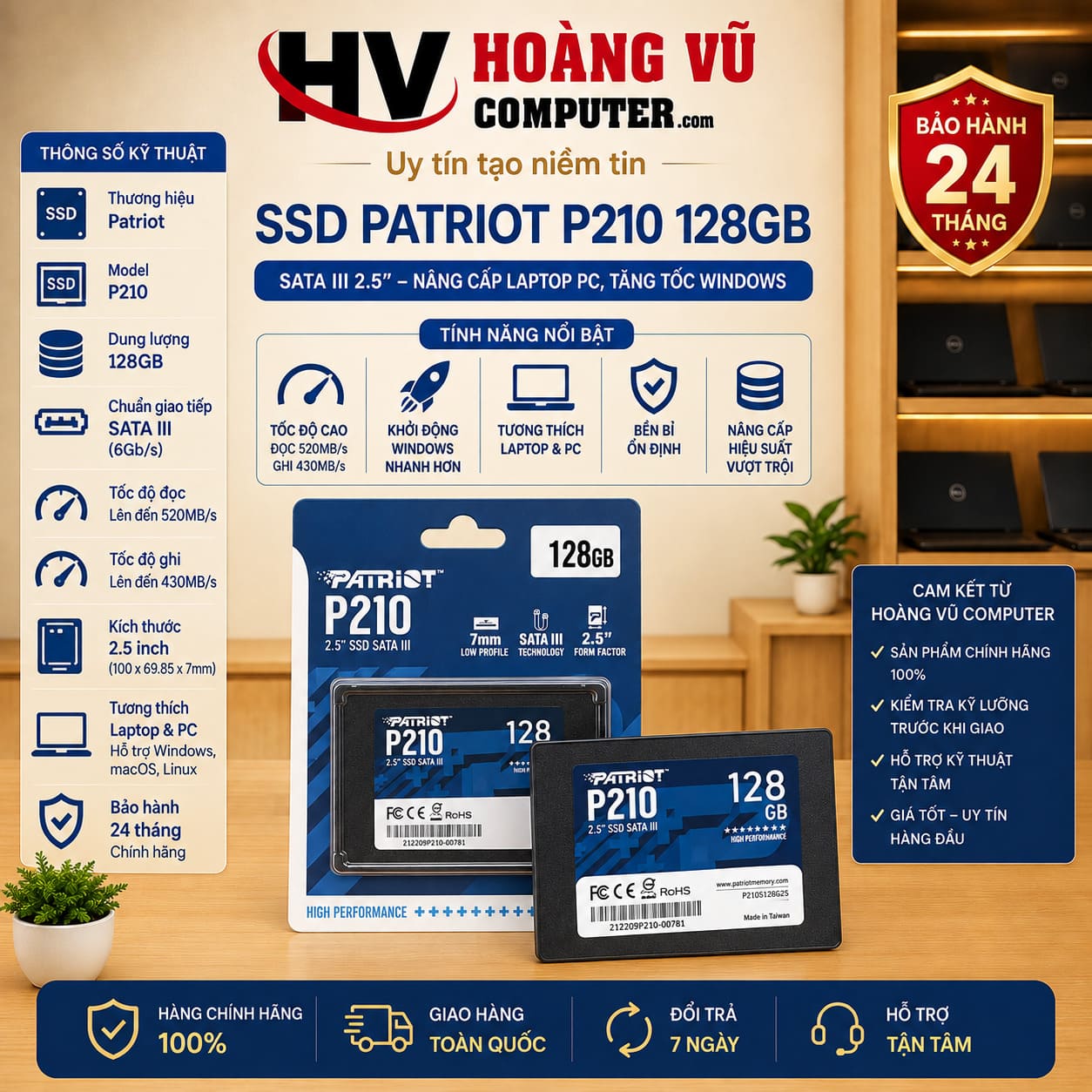 Ổ cứng SSD Patriot P210 128GB chuẩn 2.5 inch SATA III 6Gb/s, phù hợp nâng cấp laptop và PC từ HDD, cài Windows, Office, máy văn phòng, kế toán và bán hàng.