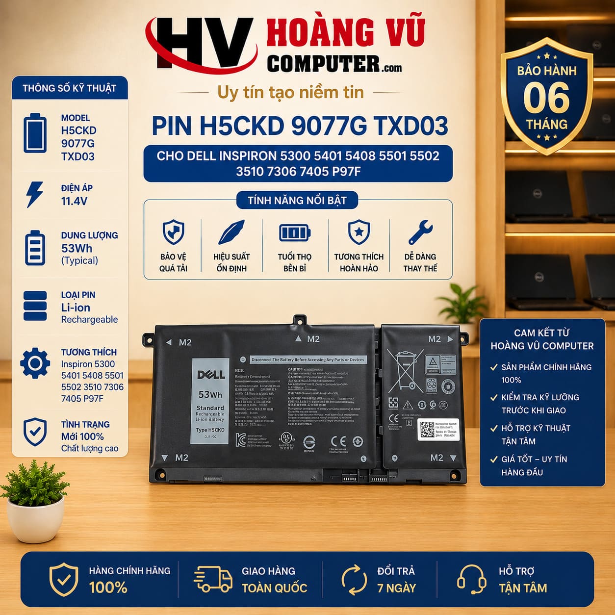 Pin Dell H5CKD 9077G TXD03 dùng cho Inspiron 5300, 5401, 5408, 5501, 5502, 3510, 7306, 7405 P97F. Pin thay thế khi chai, phồng, hỏng hoặc không giữ điện.