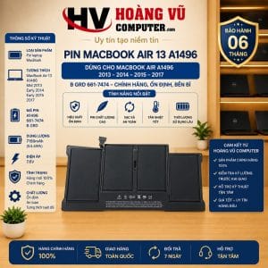 Pin MacBook Air 13 A1496 cho A1466 Mid 2013, Early 2014, Early 2015 và 2017, mã 661-7474, B GRD. Dùng thay pin MacBook bị chai, tụt nhanh, không giữ điện hoặc phồng.