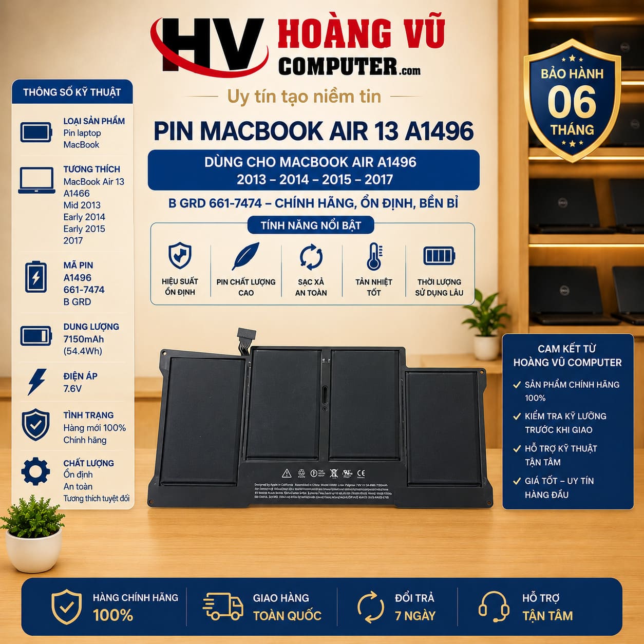 Pin MacBook Air 13 A1496 cho A1466 Mid 2013, Early 2014, Early 2015 và 2017, mã 661-7474, B GRD. Dùng thay pin MacBook bị chai, tụt nhanh, không giữ điện hoặc phồng.