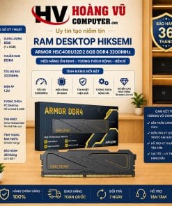 RAM Desktop HIKSEMI Armor HSC408U32D2 8GB 1x8GB DDR4 3200MHz dành cho PC. Phù hợp nâng cấp máy tính văn phòng, học tập, kế toán, bán hàng và gaming phổ thông.