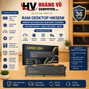 RAM Desktop HIKSEMI Armor HSC408U32D2 8GB 1x8GB DDR4 3200MHz dành cho PC. Phù hợp nâng cấp máy tính văn phòng, học tập, kế toán, bán hàng và gaming phổ thông.