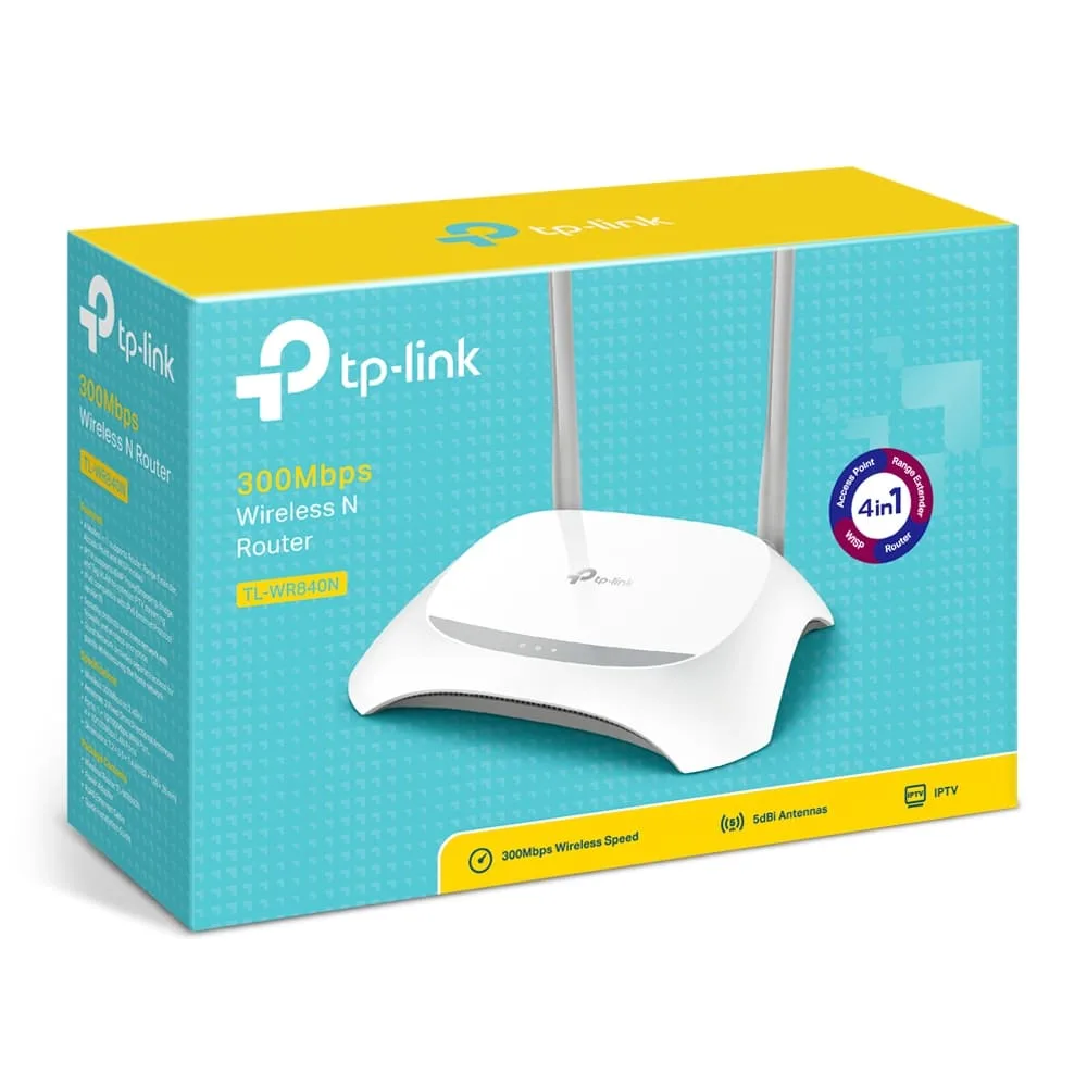 TP-Link TL-WR840N router WiFi chuẩn N tốc độ lên đến 300Mbps, băng tần 2.4GHz, 2 anten, 4 cổng LAN. Bộ phát WiFi phù hợp gia đình, phòng trọ, cửa hàng và văn phòng nhỏ.
