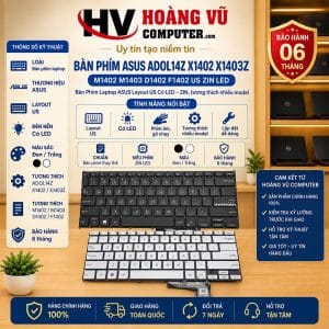 Bàn phím ASUS ADOL14Z X1402 X1403Z M1402 M1403 D1402 F1402 layout US, ZIN, có LED Backlit. Dùng thay keyboard bị liệt, chập, hỏng phím hoặc mất đèn nền.