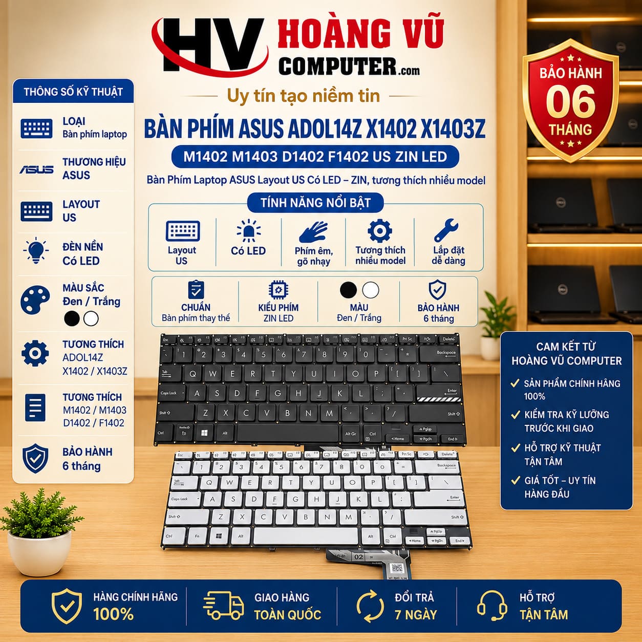 Bàn phím ASUS ADOL14Z X1402 X1403Z M1402 M1403 D1402 F1402 layout US, ZIN, có LED Backlit. Dùng thay keyboard bị liệt, chập, hỏng phím hoặc mất đèn nền.