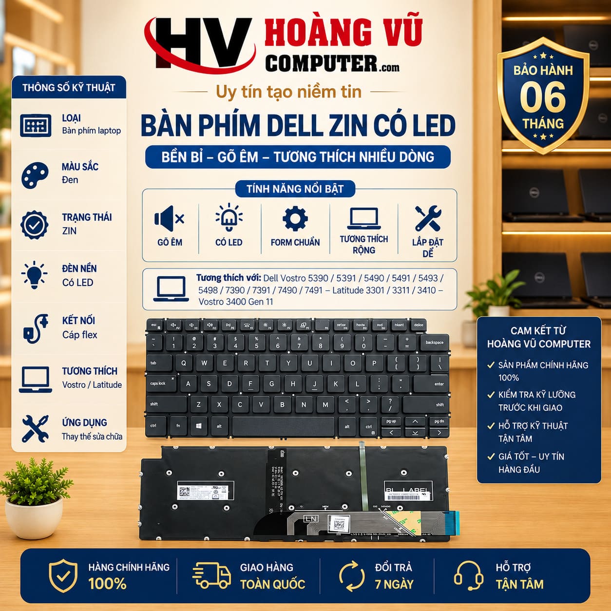 Bàn Phím Laptop Dell Vostro 5390 5391 5490 5491 5493 5498 7390 7391 7490 7491 Latitude 3301 3311 3410 Vostro 3400 Gen 11 Đen ZIN LED - Hoàng Vũ Computer