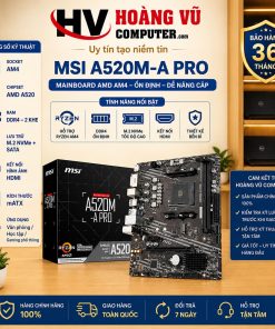 Mainboard MSI A520M-A PRO chipset AMD A520, socket AM4, hỗ trợ Ryzen 3000/4000G/5000, 2 khe DDR4 tối đa 64GB, M.2 PCIe Gen3 x4, HDMI, DVI-D, Gigabit LAN, form Micro-ATX.