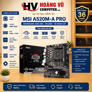 Mainboard MSI A520M-A PRO chipset AMD A520, socket AM4, hỗ trợ Ryzen 3000/4000G/5000, 2 khe DDR4 tối đa 64GB, M.2 PCIe Gen3 x4, HDMI, DVI-D, Gigabit LAN, form Micro-ATX.