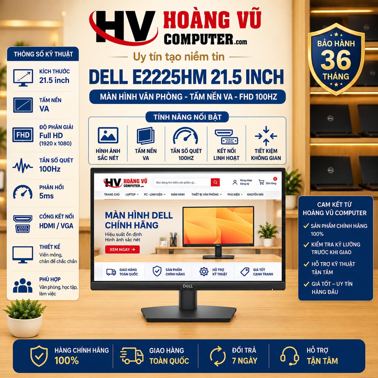 Màn hình Dell E2225HM 21.5 inch VA, Full HD 1920x1080, 100Hz, 5ms GTG Fast, 250 nits, tương phản 3000:1, HDMI, DisplayPort, VGA, VESA 100x100. Phù hợp văn phòng, học tập và kế toán.