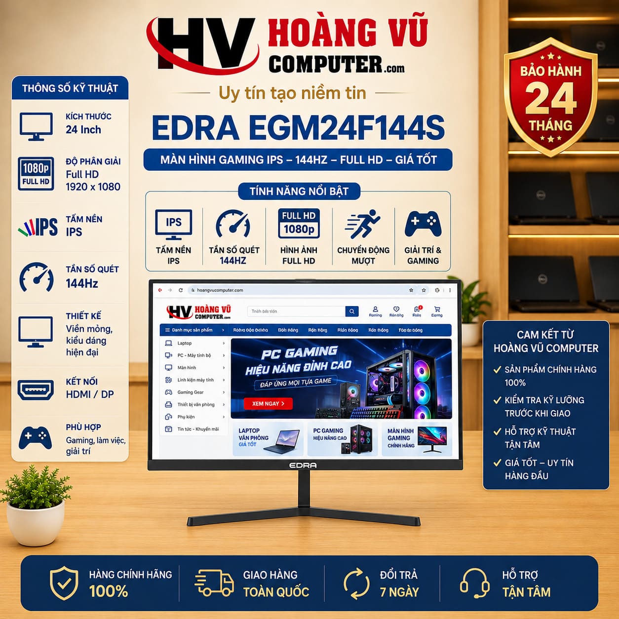 Màn Hình EDRA EGM24F144S 24 Inch FHD IPS 144Hz Gaming - Hoàng Vũ Computer