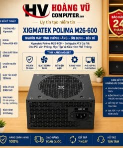 Nguồn máy tính Xigmatek Polima M26-600 EN91035 chính hãng, công suất tối đa 450W, quạt 120mm, chuẩn ATX, dây liền, phù hợp PC văn phòng, học tập và cấu hình phổ thông.