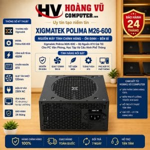 Nguồn máy tính Xigmatek Polima M26-600 EN91035 chính hãng, công suất tối đa 450W, quạt 120mm, chuẩn ATX, dây liền, phù hợp PC văn phòng, học tập và cấu hình phổ thông.