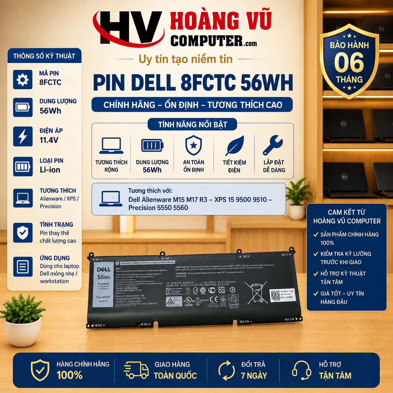 Pin 8FCTC 56Wh Alienware M15 M17 R3 XPS 9500 9510 Precision 5550 5560 - Hoàng Vũ Computer