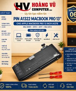 Pin A1322 dùng cho Apple MacBook Pro 13 inch A1278 Mid 2009, Mid 2010, Early/Late 2011 và Mid 2012. Pin trong thay thế khi chai, phồng, tụt nhanh hoặc không giữ điện. Không dùng cho MacBook Pro Retina 2013.