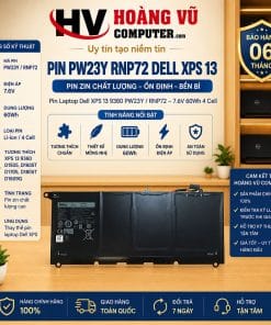 Pin Dell PW23Y RNP72 60Wh 4 Cell dùng cho XPS 13 9360 D1505 D1605T D1609G D1705 D1805T, mã thay thế TP1GT 0RNP72. Dùng thay pin chai, phồng, tụt nhanh hoặc không giữ điện.
