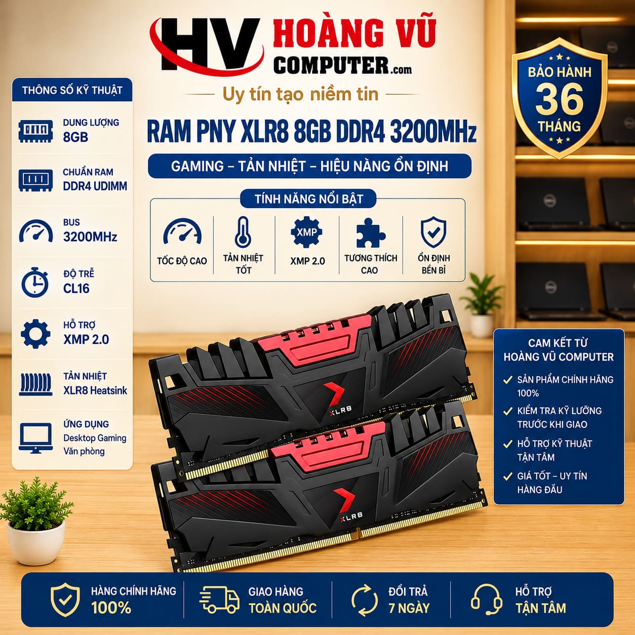 RAM PNY XLR8 8GB DDR4 3200MHz MD8GD4320016XR dành cho PC Desktop, CL16, 1.35V, 288-pin, tản nhiệt, không RGB, hỗ trợ XMP 2.0 và Dual Channel khi ghép RAM tương thích.