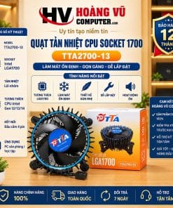 Quạt tản nhiệt CPU TTA2700-13 lõi nhôm, hỗ trợ Socket Intel LGA1700 cho CPU Gen 12, 13, 14 theo nền tảng tương thích. Phù hợp PC văn phòng, học tập, kế toán và máy tính phổ thông.