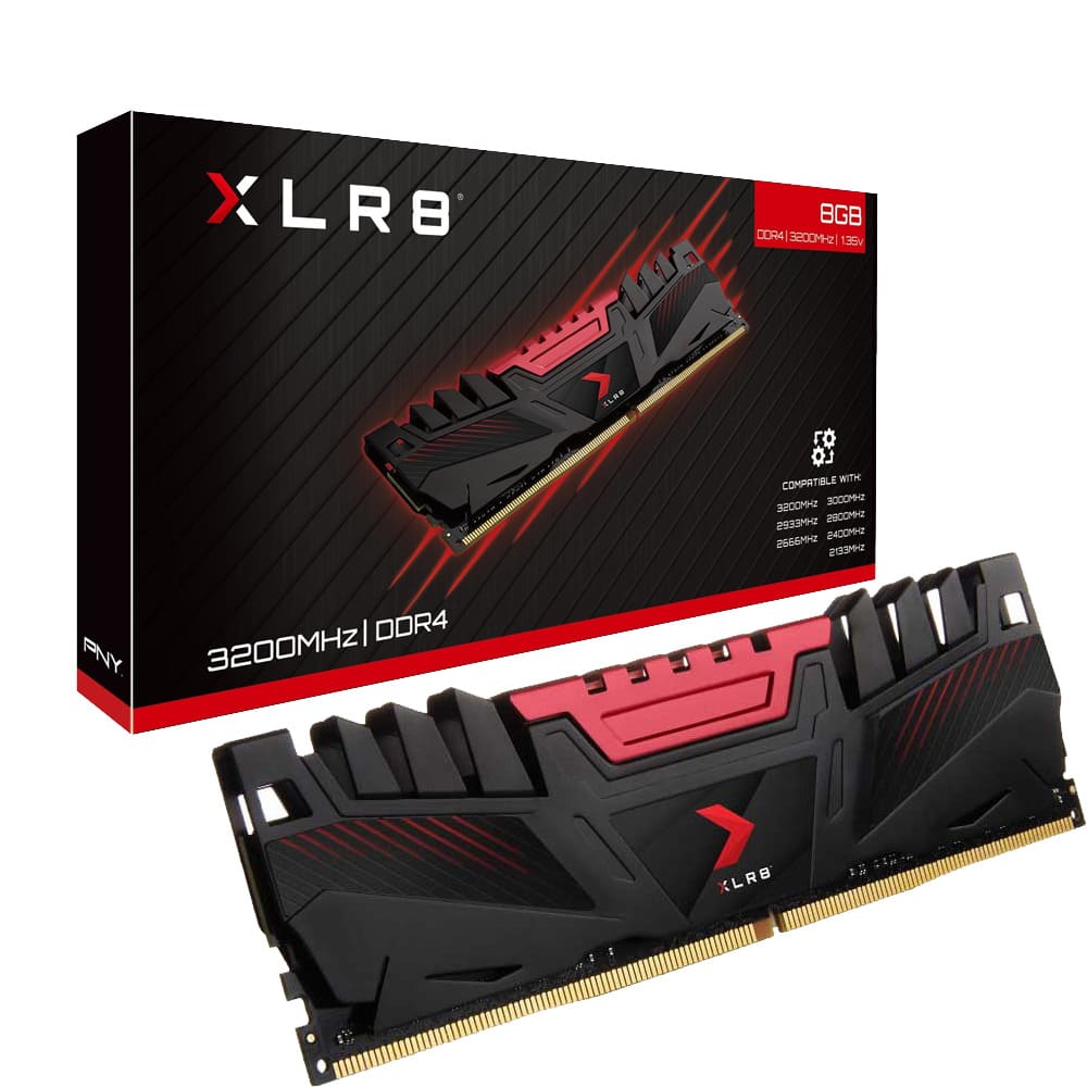 RAM PNY XLR8 8GB DDR4 3200MHz MD8GD4320016XR dành cho PC Desktop, CL16, 1.35V, 288-pin, tản nhiệt, không RGB, hỗ trợ XMP 2.0 và Dual Channel khi ghép RAM tương thích.